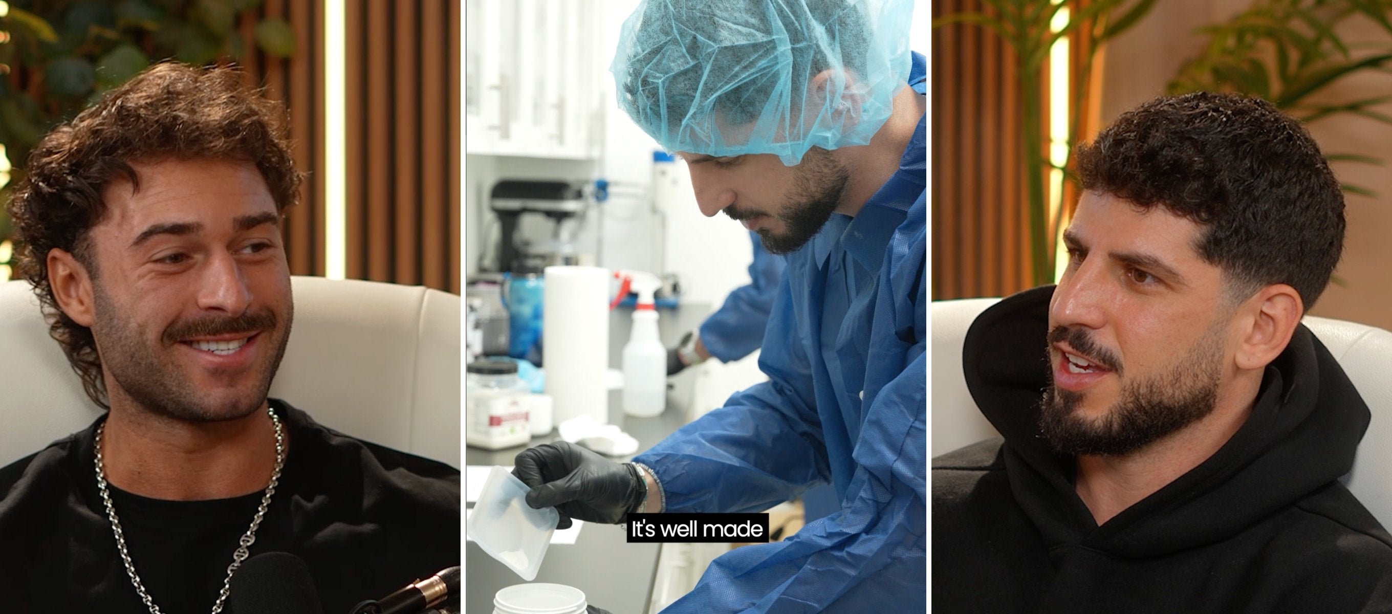 Three stills from the dos founder interview: talking on camera, filling a stick pack in the lab, and listening