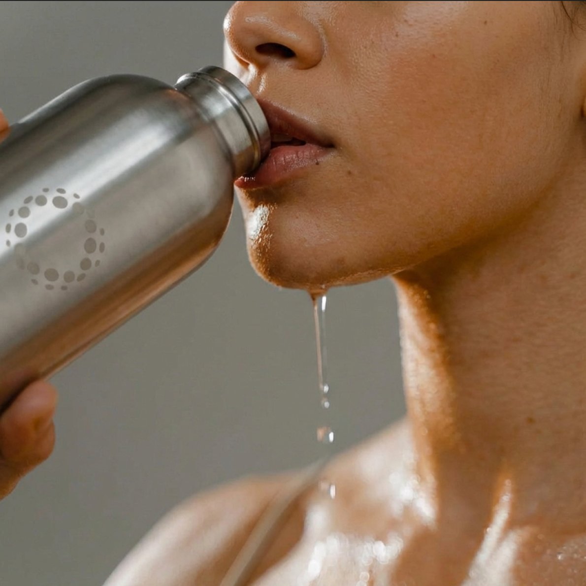 Woman drinking from a dos insulated bottle, water dripping